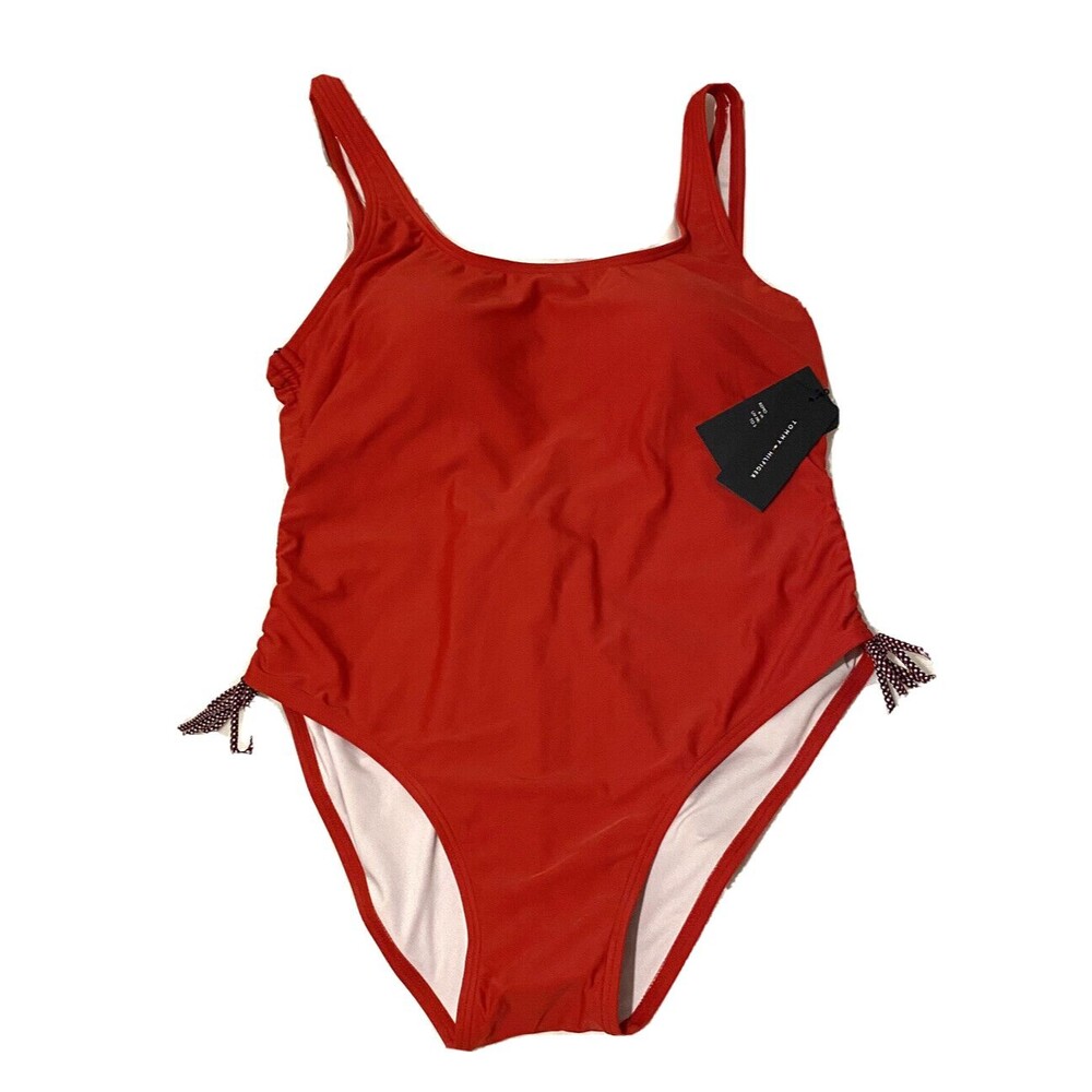Tommy Hilfiger One Piece‎ High Cut Cheeky Tank 16 NWT Red Ruched UPF Preppy Swim